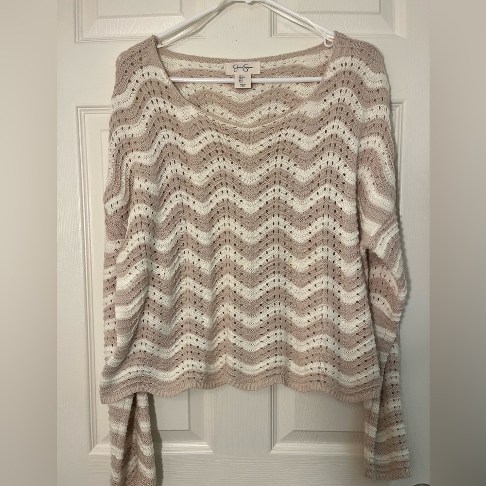 Jessica Simpson - Beige & White Striped Sweater with Scallop Detail -Size Large